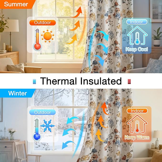MYSKY HOME Floral Linen 100% Blackout Curtains 95 Inches Long 2 Panels for Living Room Bedroom Double Layer Thermal Insulated Farmhouse Flower Patterned Grommet Window Treatments, Yellow, 52" W Each