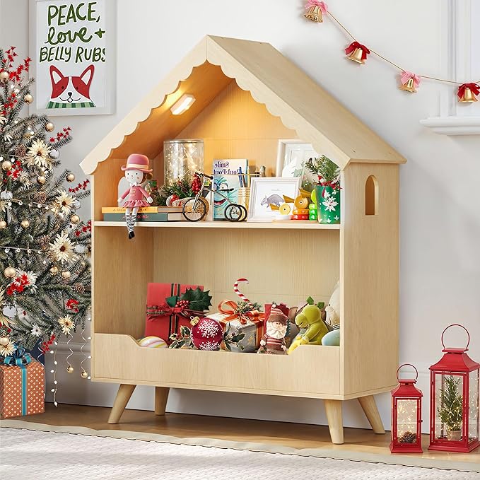 Curipeer Kids Dollhouse Bookshelf, Wooden Bookcase Storage with Motion-Activated Light, 2-Tier Open Display Organizer for Toys and Books, Baby Bookshelf for Birthday, Christmas, Natural Wood Color