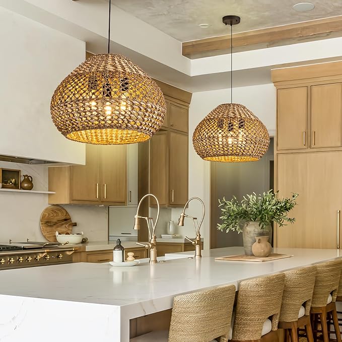 19 Inch Rattan Chandelier Large, 3-Light Round Farmhouse Rattan Chandelier Dome Light Fixtures Ceiling for Living Room Dining Room Bedroom Kitchen Island Restaurant