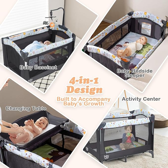 BABY JOY 4 in 1 Pack and Play, Baby Bedside Sleeper with Bassinet, 3 Adjustable Heights, Music Box, Easy to Install, Foldable Bedside Crib w/Changing Table, Playards from Newborn to Toddlers