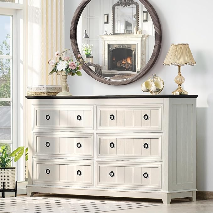 Farmhouse Living Room Sets, Night Stands Set of 2 and 6 Drawers Dresser for Bedroom, 54 Inch Wide Wood Dresser and 18.1" Night Stands with Charging Station for Bedroom, Living Room, Hallway