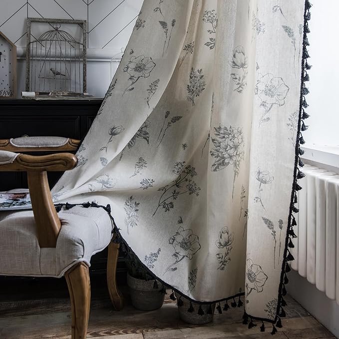 Boho Curtains 84 Inch Length 2 Panels Farmhouse Living Room Semi Sheer Drapes Vintage Floral Tassel Window Curtain Panel Bedroom Grey and Off White Cotton Linen Blend Rod Pocket Window Treatment