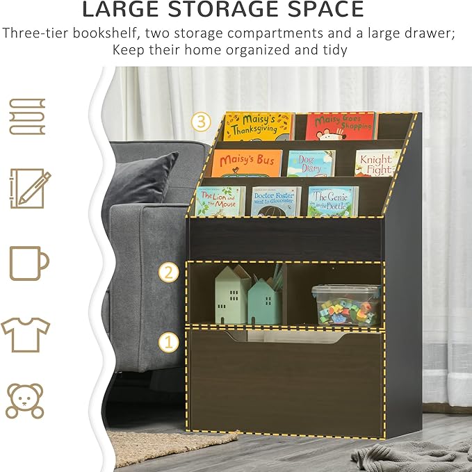 HOMCOM Kids Bookcase Multi-Shelf Rack Organizer with Storage Drawer for Books, Playroom, Brown