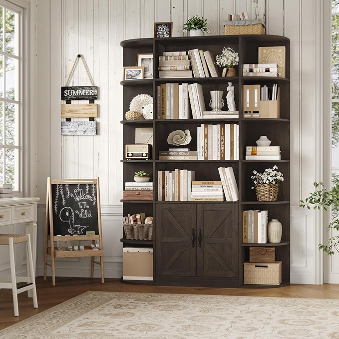 HOSTACK 75" Tall Book Shelf and Bookcase, 6 Tier Bookshelf with Storage, 47" Wide Bookcase with Doors, Freestanding Wood Display Shelves with Book Storage Cabinet for Home Office, Dark Brown