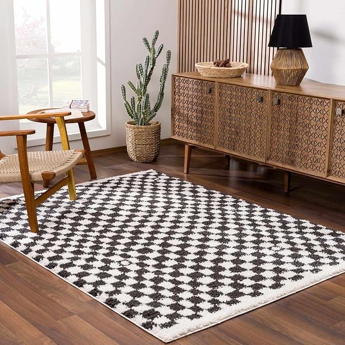 Hauteloom Kieu Contemporary Checkered Fluffy Shag Area Rug - Modern Geometric Soft Carpet Tiles for Living Room, Kids Room, Nursery - Black, White - 5'3" x 7'