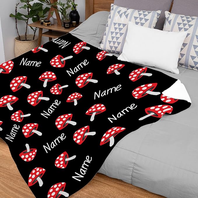 Custom Flannel Blanket with Text Cute Red Mushroom Customized Blankets Warm Unique Personalized Throw Souvenirs Gift of Love