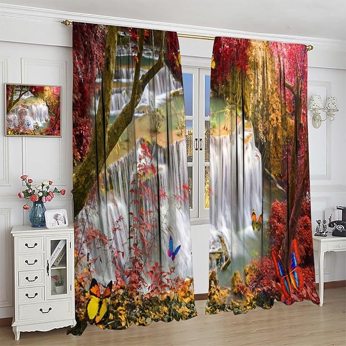 Landscape Blackout Curtains, Nature Forest Waterfall Butterfly Scenery Pattern Rod Pocket Window Drapes, for Bedroom Living Room 84" W X 84" L
