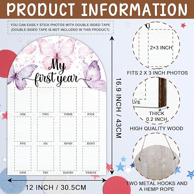 My First Year Photo Board, Butterfly Baby Milestone Signs, 12 Months Wooden Picture Frame, Nursery Gender Neutral Gifts for Girl Boy, Best Gifts for 1st Birthday Baby Shower Decorations-A01