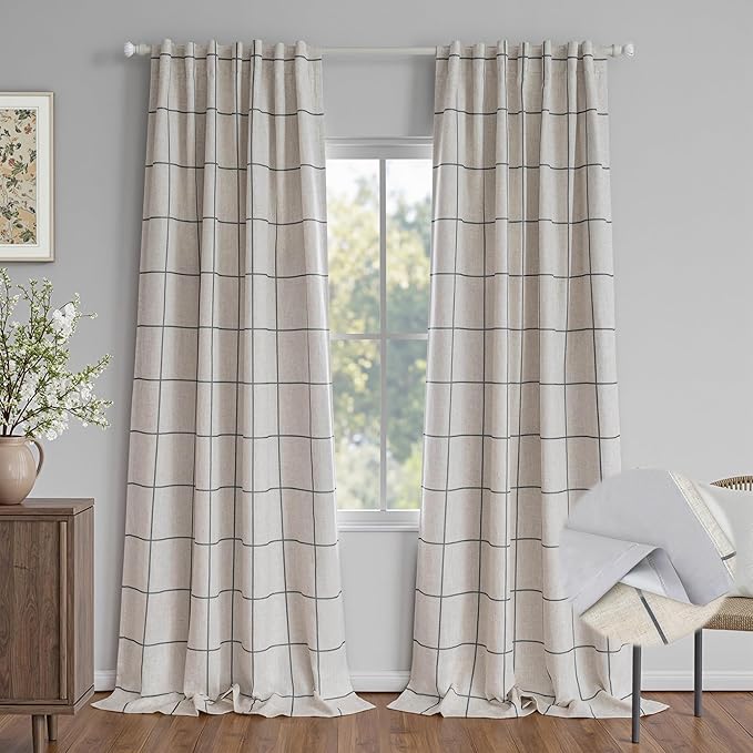 MYSKY HOME 100% Blackout Plaid Linen Farmhouse Curtains 95 Inches Long for Dining Room Double Layer Thermal Insulated Striped Print Drapes with Rod Pocket Back Tab, 2 Panels, Wide 52 Inch, Deep Grey