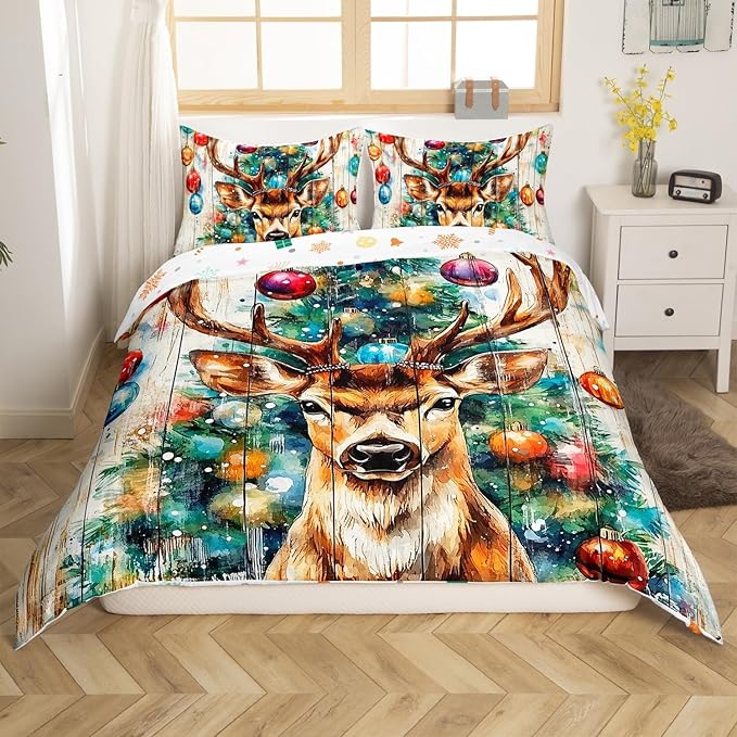 Cabin Deer Duvet Cover Set Full Size,Tie-dye Christmas Tree Wooden Plank Rustic Bedding Set,Boys Girls Room Decor,Wild Animal Farmhouse Comforter Cover,Brown Quilt Cover,2 Pillowcases,No Comforter