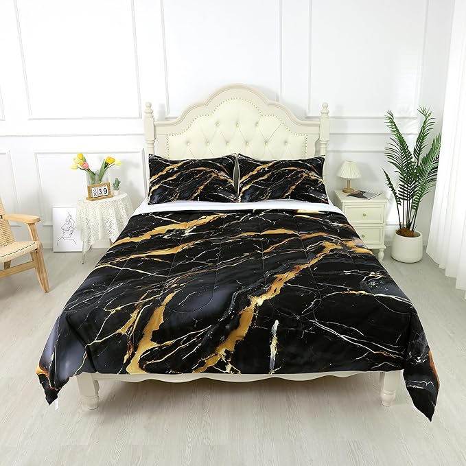 Black Marble Comforter Queen: Abstract Black and Gold Comforter Set Modern Marbling Luxury Quilt Bedding Set 3PC for Men Women Adults Bedroom 1 Comforter & 2 Pillowcases