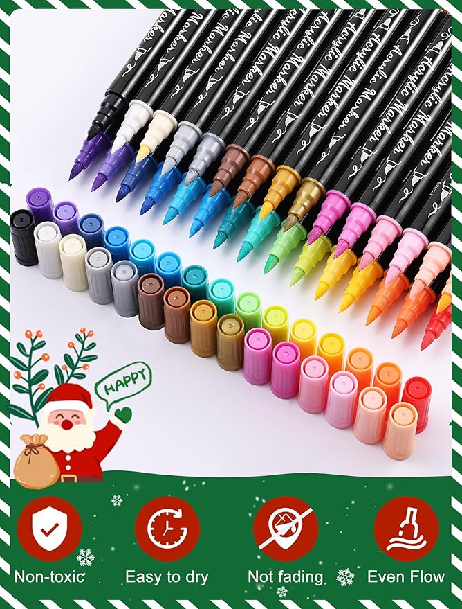 30 Colors Acrylic Paint Pens Markers Waterproof Dual Tip Acrylic Marker Set Brush & Fine Tip Stocking Stuffers Rock Wood Fabric Glass Ceramic Markers Christmas Gifts for Teens DIY Crafts