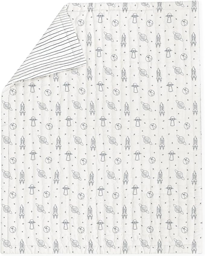 MakeMake Organics Organic Toddler Comforter GOTS Certified Organic Crib Blanket Cotton Infill Tufted Reversible - Ultra Soft Breathable (44"x60", Astronaut + Blue Pebble)