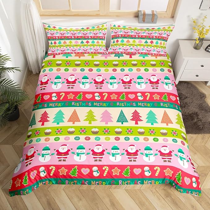 Cartoon Christmas Bedding Set for Kids Boys Girls Santa Claus Snowman Comforter Cover Set Pink Xmas Theme Duvet Cover Bedroom Decor Christmas Tree Bedspread Cover Toddler Size Bedding Collection 2Pcs