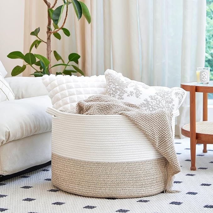 Extra Large Cotton Rope Basket 22" x 14" - Toy Basket for Kids -Blanket Basket for Living Room - Woven Baskets for Storage