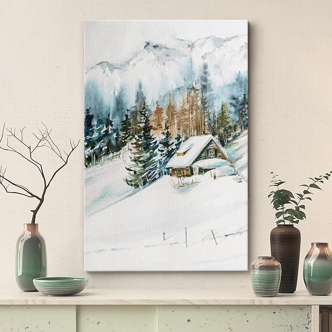 SIGNWIN Canvas Print Wall Art Woodland Nursery Decor Log Cabin Winter Snow Mountain Forest Nature Illustrations Modern Art Decorative Landscape Colorful for Living Room, Bedroom, Office - 32"x48"
