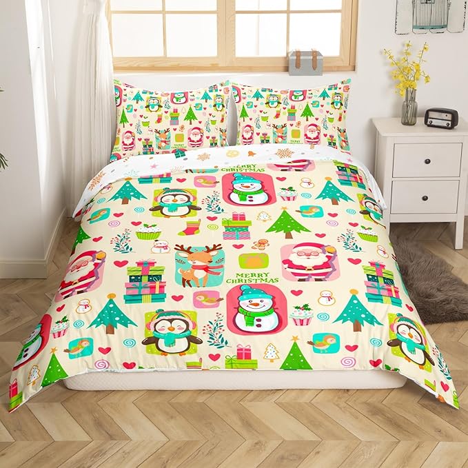 Christmas Comforter Cover Cartoon Santa Claus Snowman Flower Bedding Set Cute Penguin Deer Duvet Cover for Children Boys Girls Microfiber Gift Boxes Bedspread Cover Room Decor Bedclothes Queen Size