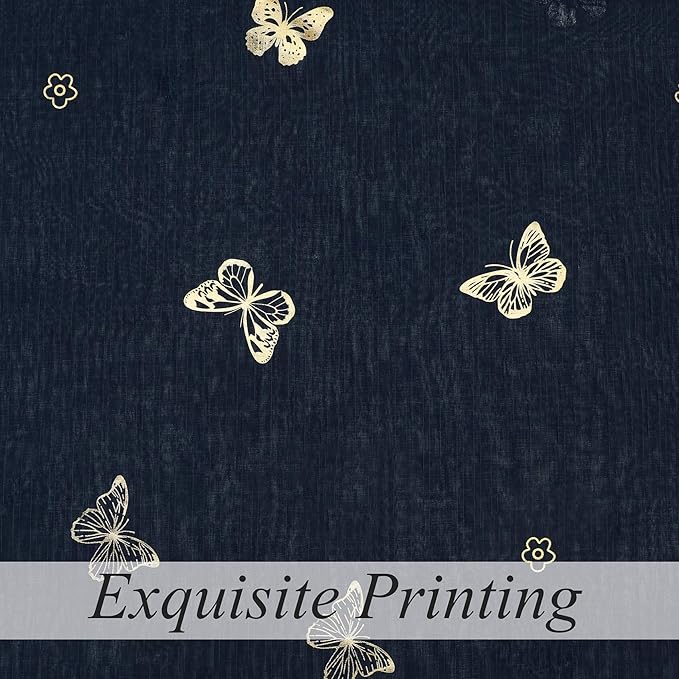 Jubilantex Butterfly Sheer Curtains Navy Blue Drapery with Gold Print Pattern 84 Inch Long, Kids Nursery Bedroom Voile Linen Textured Curtain Rod Pocket Window Drapes, 2 Panels