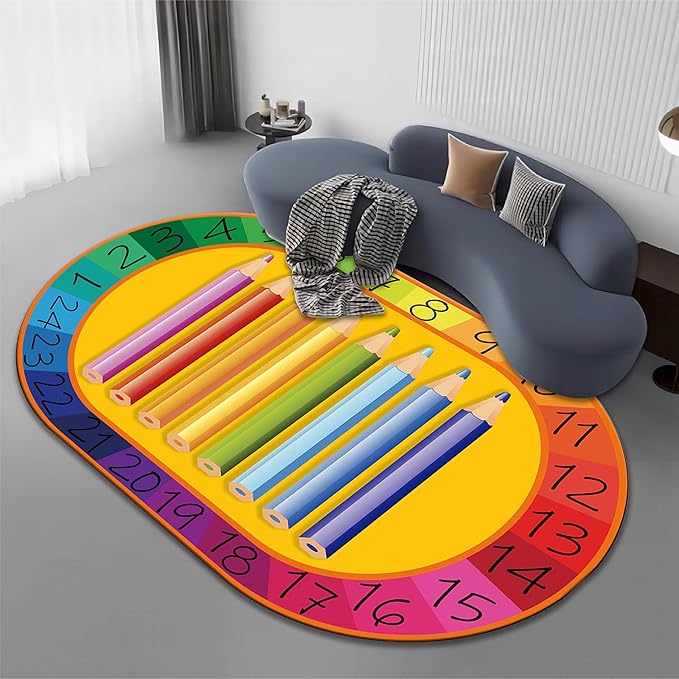 Colorful Kids Oval Rug, 5x7ft, Early Learning Education Play Mat for Learning Numbers, Soft Non-Slip Pens Design Rugs for Boys Girls Room Playroom Classroom Nursery Room