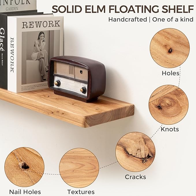 Fun Memories 72 Inch Floating Shelves for Wall, Solid Elm Wood Wall Shelf for Home Decor, Heavy-Duty Hardwood Floating Shelf for Bedroom, Bathroom, Living Room, Set of 1