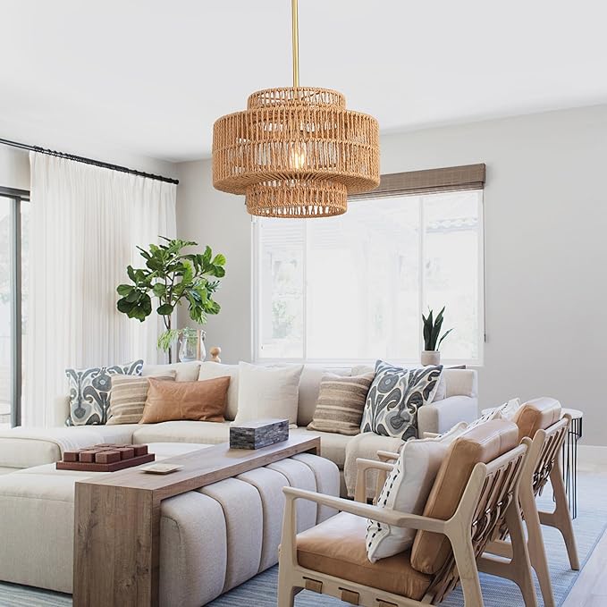 12.4”Boho Rattan Chandelier for Dining Room, 1-Light Hand Woven Pendant Light Fixture Farmhouse Rustic Ceiling Hanging for Kitchen Island Bedroom Living Room Nursery Foyer