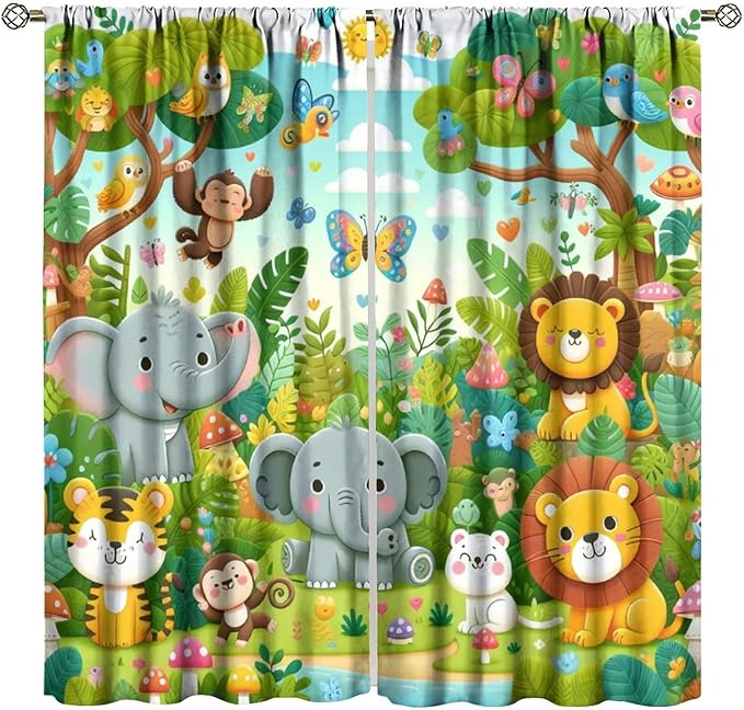 Cartoon Animals Curtain Jungle Forest Elephant Lion Butterfly Floral Print Curtains for Kids Boys Girls Nursery Baby Bedroom Playroom Home Decor Window Drapes 42" W X 54" L