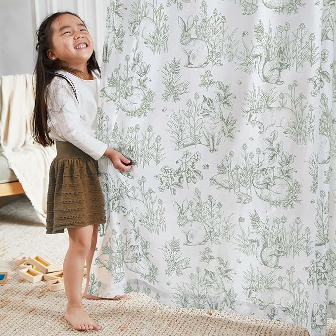 jinchan Linen Nursery Curtains 72 inch Long Woodland Wildlife Sage Green Print Drapes for Kid's Room Light Filtering French Country Farmhouse Curtains with Bunny and Forest Design Set of 2 Panels