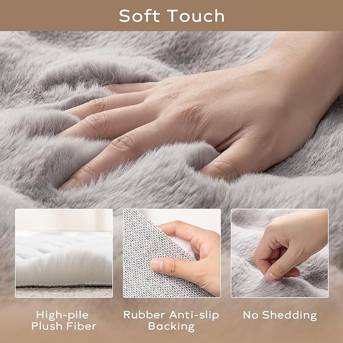 Ashler Home Deco Faux Fur Area Rug, Light Grey, 3' x 2' (Rectangular), Fluffy, Machine Washable, Non Slip
