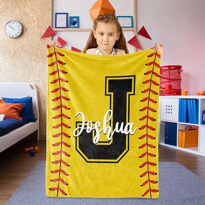 Personalized Softball Kids Blanket with Name and Number - Custom Sport Bed Blankets Gift for 0-3 Months Baby Essential and Warm 60x80inch
