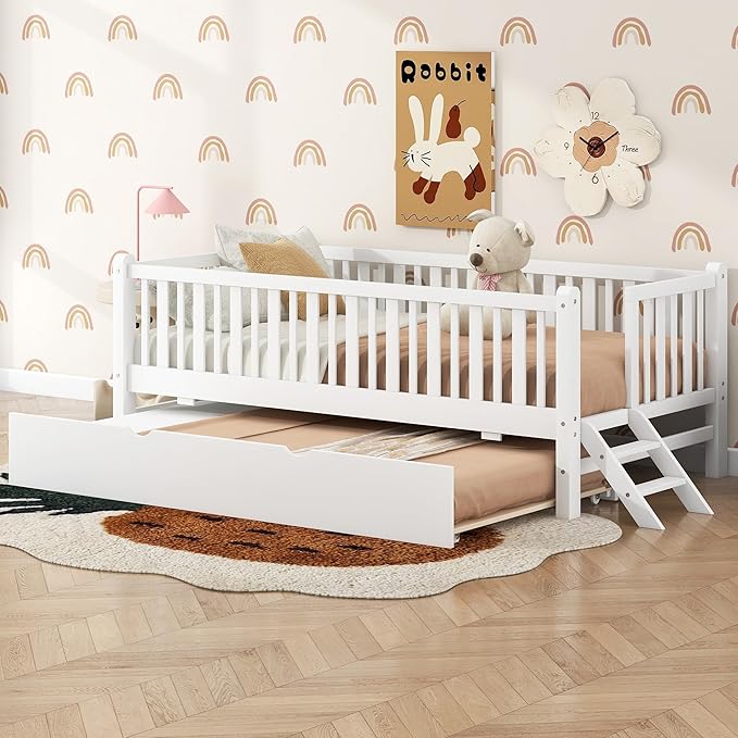 Twin Size Platform Bed with Guardrail and Trundle, Wood Kids Platform Bed Frame with Two-Step Ladder for Boys Girls, Sturdy Slats Support (White-1.26T)