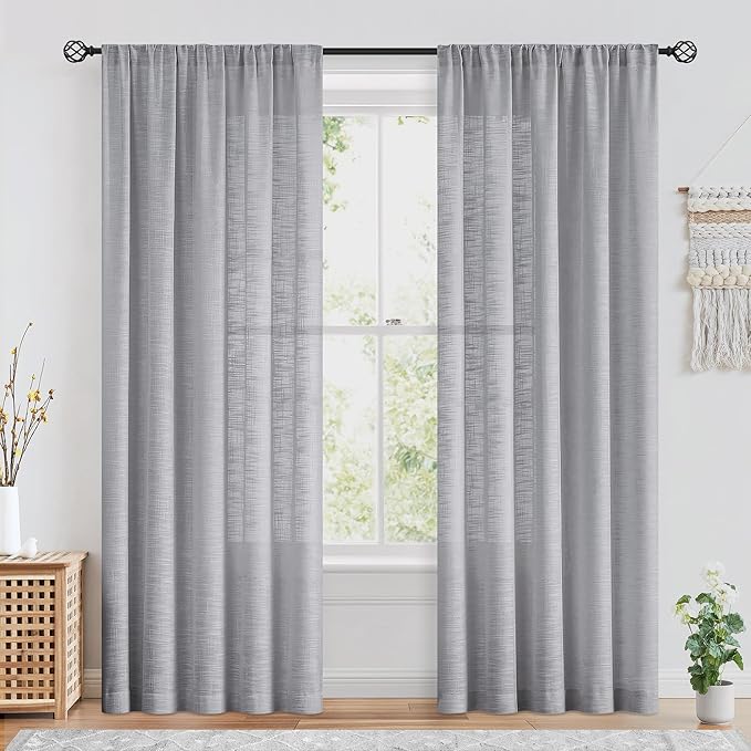 FMFUNCTEX Linen Semi Sheer Grey Curtains for Bedroom Living Room, Gray Curtain Panels 84 Inches Long Sheer Linen Textured Window Drapes Farmhouse Light Filtering 2 Panels Rod Pocket
