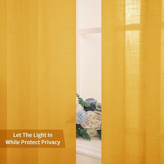 MIULEE 2 Panels Natural Linen Sheer Window Curtains Elegant Mustard Yellow Fall Drapes Grommet Top Window Voile Panels Linen Textured Panels for Bedroom Living Room (52X90 Inch)