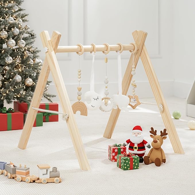 Comfy Cubs Wooden Baby Play Gym - Natural Finish Pinewood Baby Activity Gym with 5 Sensory Hanging Toys - Easy No-Tool Assembly, Safe and Durable for Infant Motor and Visual Development - Natural Wood