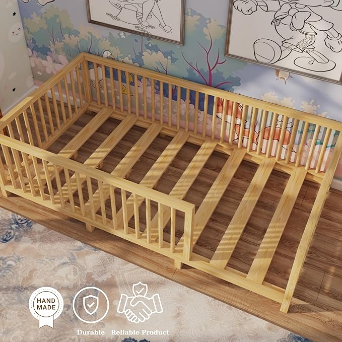 Montessori Floor Bed with Slats for Toddler 39.4'' x 75.2'' Twin Size | Pine Wood Natural Solid Frame Bed | Sturdy Design Floor Bed Frame for Boy and Girls (Twin, Height : 19 Inches)