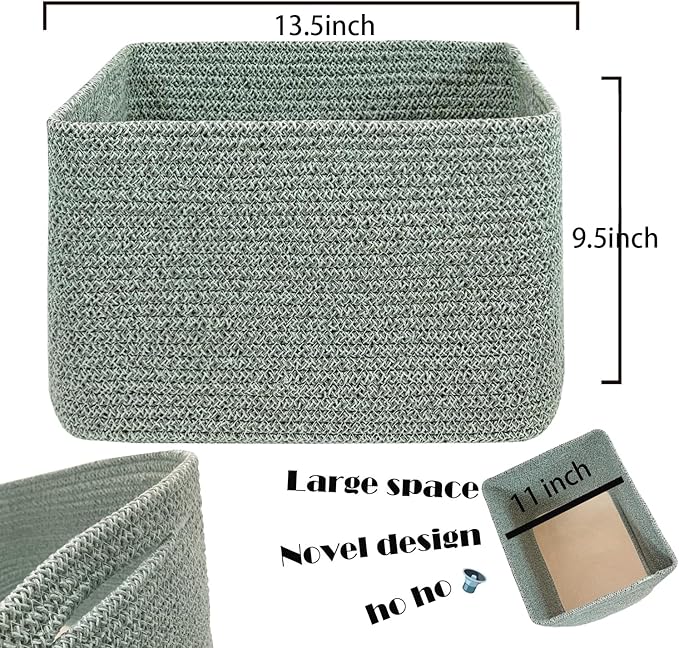 Rectangular Woven Cotton Rope Basket for Organizing, Gift Baskets for Handles, Empty Gift Baskets, Medium Rope Basket|13.5" x 11" x 9.5" home decor for Living Room, Bathroom(Green)