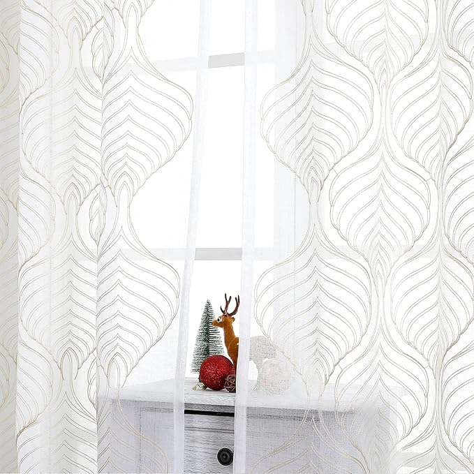 VISIONTEX Sheer Curtains 63 Inch Length 2 Panels Set Beige Moroccan Embroidery Texture Geometric Rod Pocket Ivory White Voile Tulle Semi Window Treatment Pair for Bedroom Living Room 54 x 63 Inches