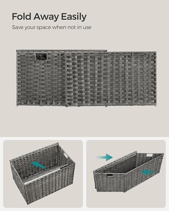SONGMICS Storage Basket with Lid, 27.7 Gallon (105L) Storage Bin, Woven Blanket Storage Basket with Handles, Foldable, Removable Liner, Metal Frame, for Bedroom, Laundry Room, Gray URST066G01