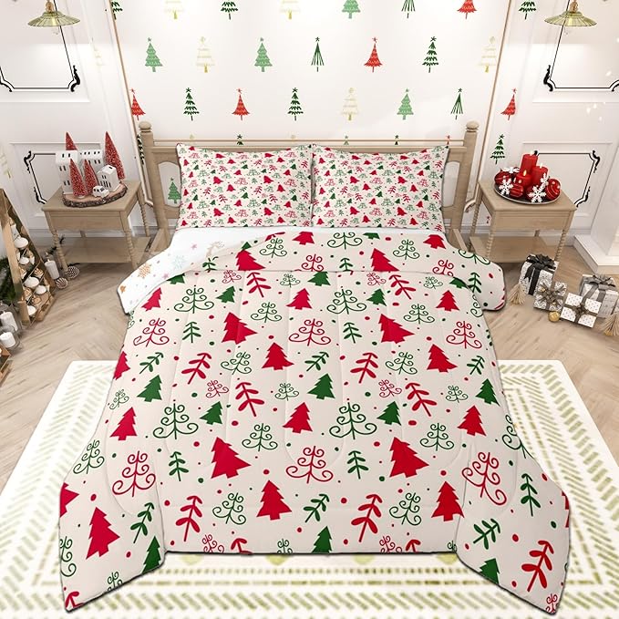 Castle Fairy Christmas Trees Comforter Set King Size,Red Green Pine Plant Hand Sketch Bedding Set All Season Quilt Set,Winter Xmas Natural Botanical Microfiber Polyester Down Comforter