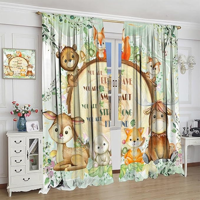 Kids Safari Animal Curtains Cute Watercolor Wildlife Jungle Window Treatments for Boys Girls Bedroom Inspirational Motivational Quotes Nursery Children Drapes for Living Room W42xL54
