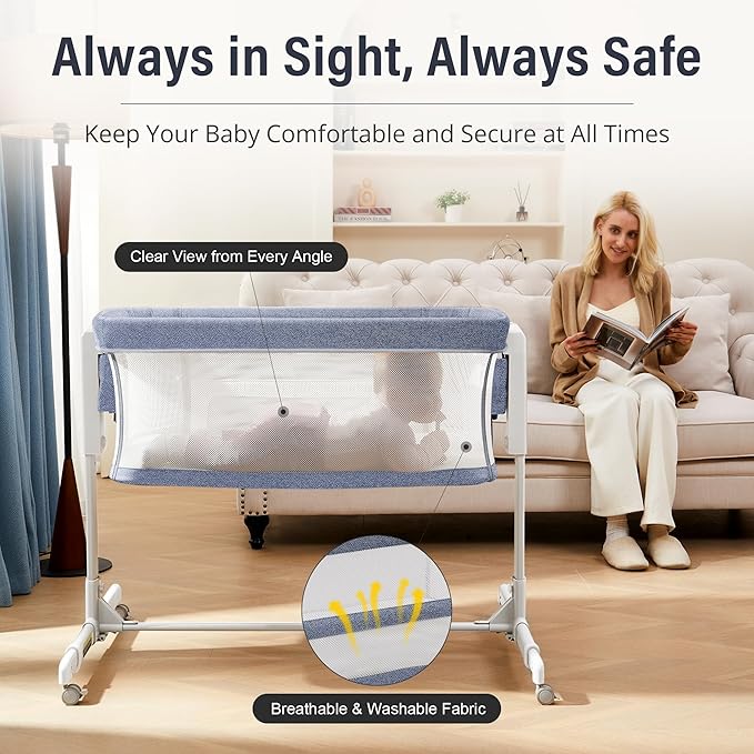 Baby Bassinet Bedside Sleeper 3-in-1, Easy Night Feeding with One-Side Fold & Rolling Wheels, Breathable Mesh, 6-Height Adjustable, Soft Mattress for Newborns