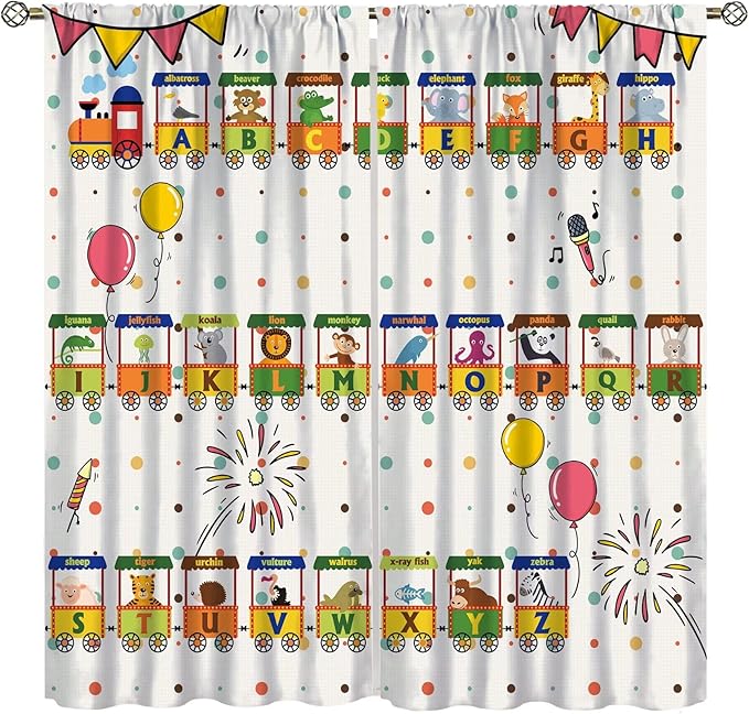 Alphabet Train Kids Curtain Animals Alphabet Children Teens Early Learning Printed Rod Pocket Blackout Window Treatments for Classroom Bedroom Nursery Playroom 52" W X 84" L