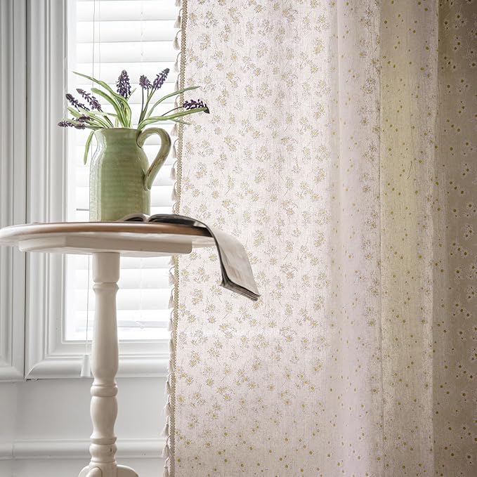 ENJOYBRIDAL Floral Curtains 84 Inch Length 2 Panels Tassel Drapes Rod Pocket Semi-Sheer Boho Daisy Bedroom Living Room Farmhouse Rustic Bohemian Window Curtain Panels