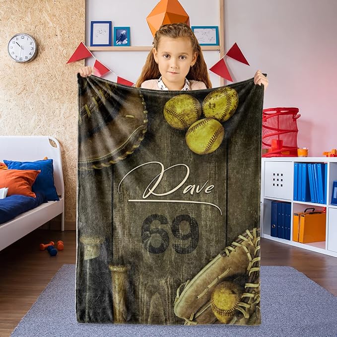 Personalized Baby Softball Bed Blanket: Custom Name and Number Sport Blankets for Toddler Boys Girls Adults Mothers Fathers Birthday Christmas Easter Gift(60x80inch)