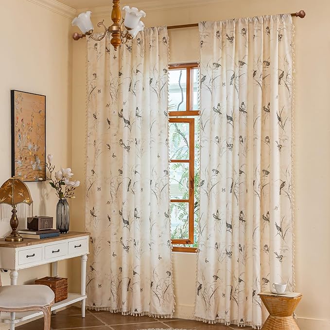 ENJOYBRIDAL Bird Patterned Curtains 84 Inches Semi Sheer Living Room Drapes Floral Bedroom Printed Farmhouse Window Curtain Panels Floor Length Boho 2 Panels Botanical Rod Pocket Window Treatments
