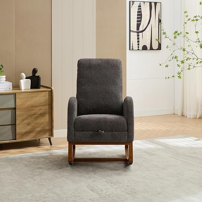 Dolonm Rocking Chair Nursery,Glider Rocking Chair with Footrest High Backrest Glider Rocker for Baby Room Boucle Accent Chair for Living Room Mid Century Modern Arm Chair for Bedroom,Charcoal