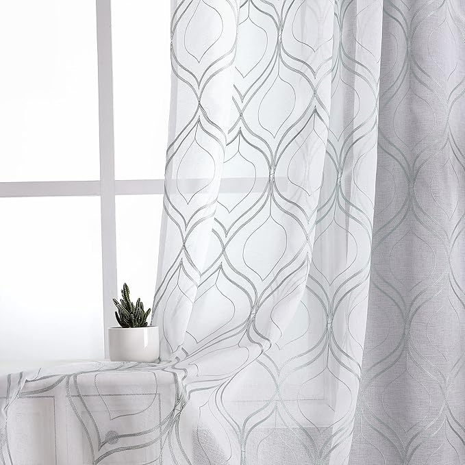 VISIONTEX White Sheer Curtains 72 Inches Long 2 Panels Set Green Moroccan Embroidered Curtains Trellis French Textured Rod Pocket Voile Tulle Semi Window Drapes for Bedroom Living Room 54 x 72 Inches