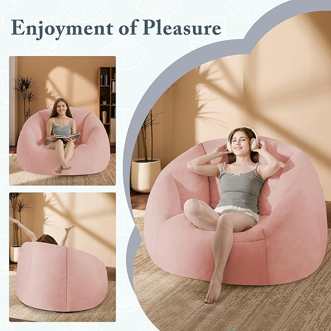 Giant Bean Bag Chair for Adults - Comfy Plush Round Shell Soft Accent Chair, Oversized Cozy Lounge Floor Sofa Reading Chair, Mini Couch for Living Room, Bedroom & Game Rooms, Dorm, Pink