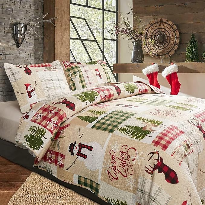 Christmas Quilt Set Queen Size Christmas Bedding Reversible Quilt Rustic Lodge Moose Buffalo Plaid Patchwork Bedding Holiday Xmas Home Decor Lightweight Quilt Bedspread Coverlet