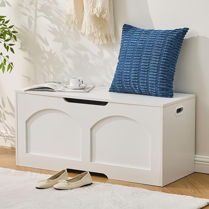 Storage Chest, Wooden Storage Bench Trunk, Upgraded Safety Lift Support Hinge, Large Entryway Bench Box, 31.5" x 15.7" x 18.3" Storage Box Chest Organizer Bench, White