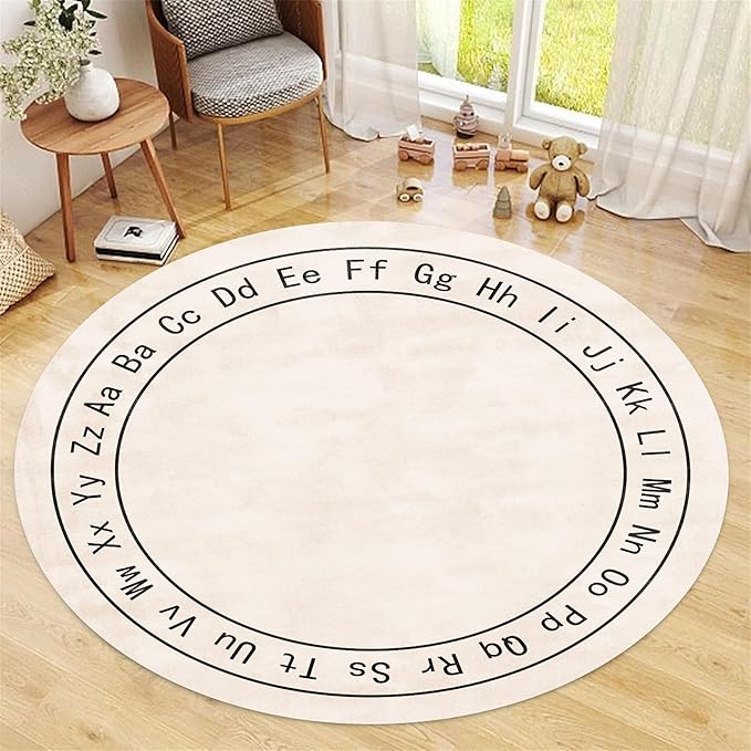 Children's Room Round Rug,3.3ft,Children's ABC Letter Educational Learning Round Rug, Non-Slip Washable Children's Room Play Rug, Suitable for Bedroom, Playroom, Boys and Girls Room Decoration
